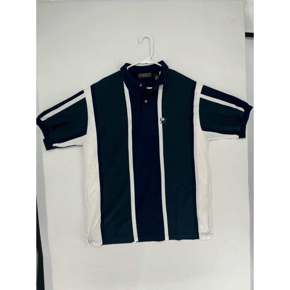 Pinnacle Mens XL Polo Shirt Short Sleeve Vertical Stripe Golf Crest Navy Green